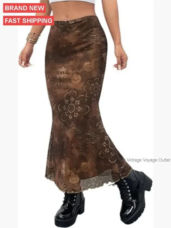 Midi Mesh Skirt with Floral Print, High Waisted Elastic, Lettuce Trim - Picture 4 of 7